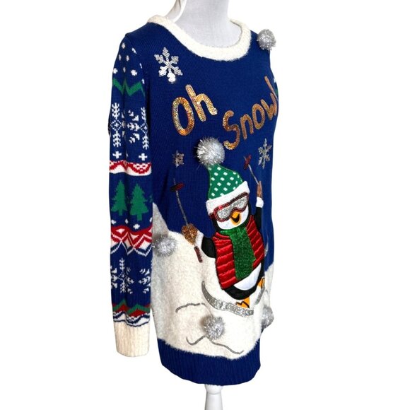 Ugly Christmas Fuzzy Tunic Sweater Size M Penguin Blue Pullover Winter Ski Poms - Picture 5 of 12